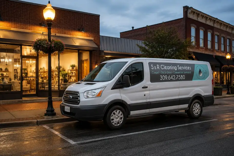 S&R Cleaning Services van parked on a Pekin main street at dusk