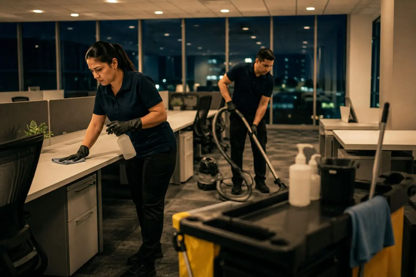 S&R Cleaning Services team at work in a commercial office at night
